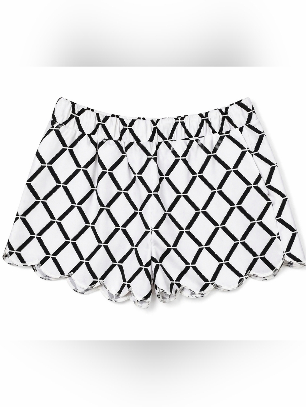 Scalloped Hem Shorts Womens Medium Black White Geometric Print Elastic Waist Cut
